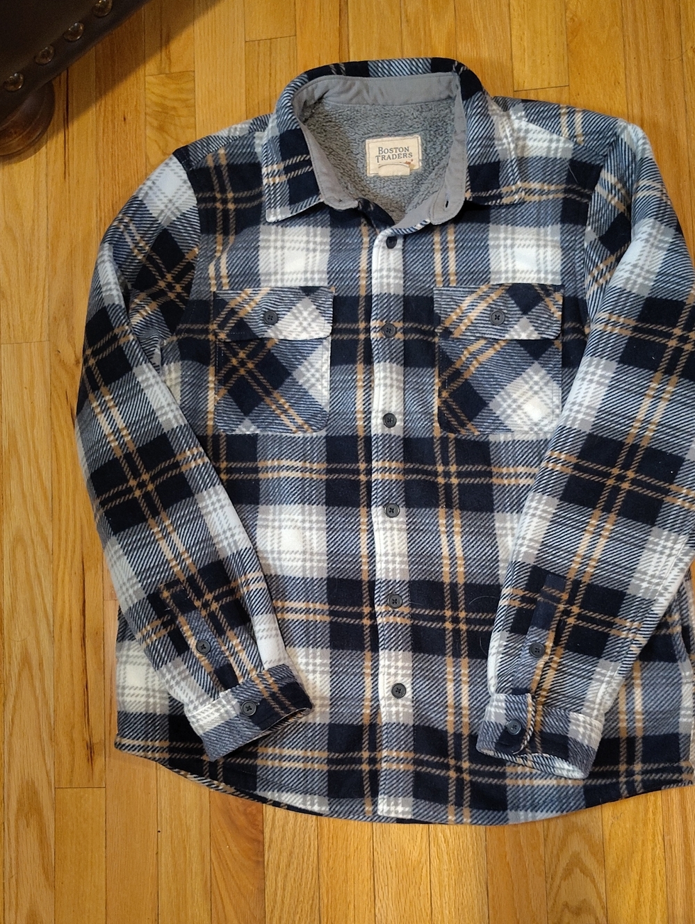 Boston Traders Navy, Cream and Tan Plaid Flannel Shirt Jacket